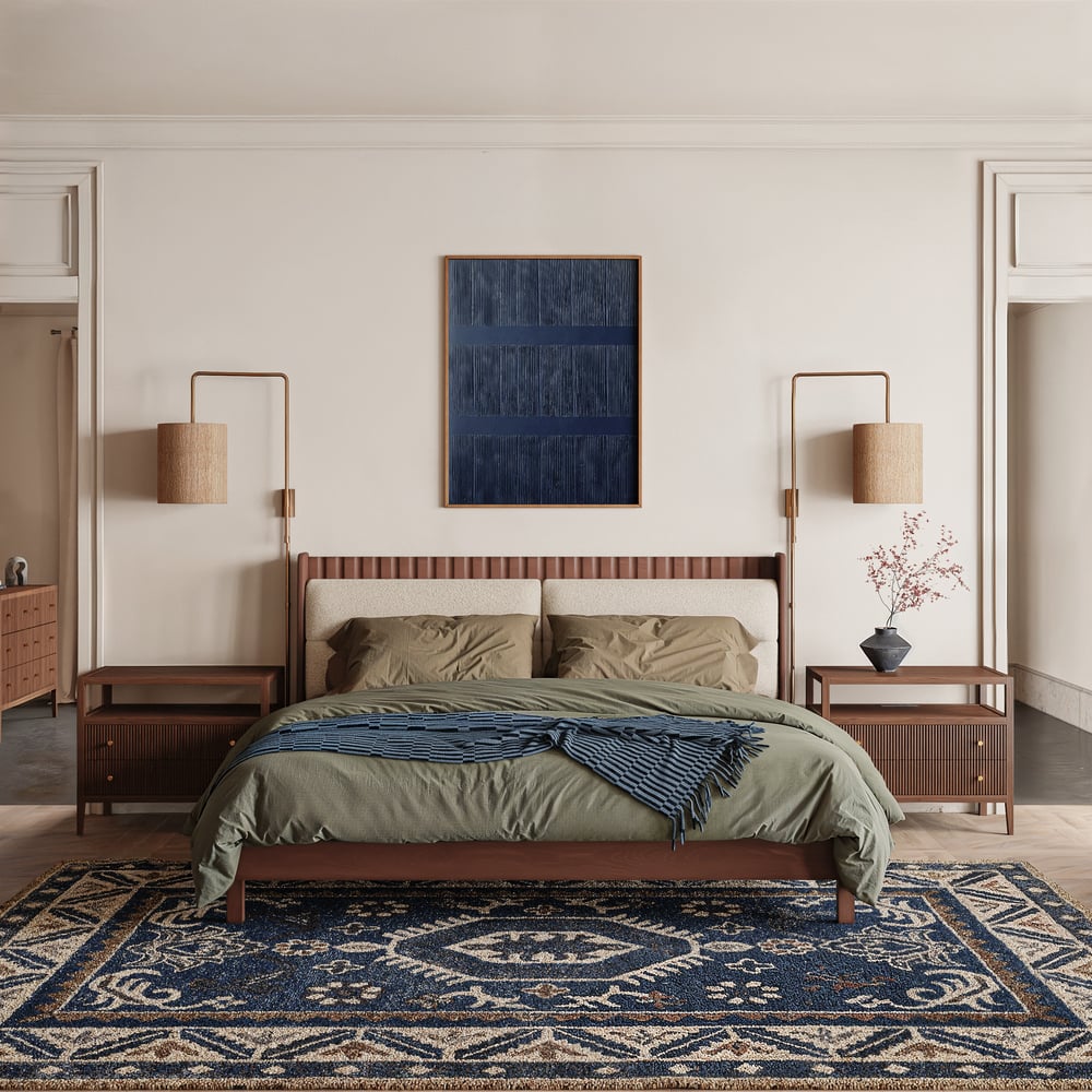 Modern Walnut King Size Solid Wood Bed with Boucle Headboard Pillows window image