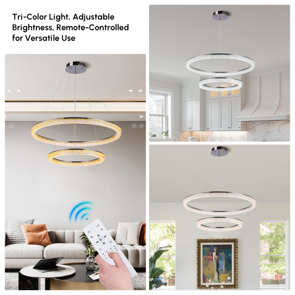 Modern Double Ring LED Chandelier – 31.5", Adjustable Suspension, 3-Color Dimmable window image