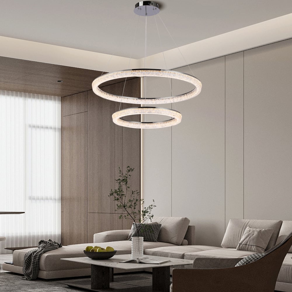 Modern Double Ring LED Chandelier – 31.5", Adjustable Suspension, 3-Color Dimmable window image
