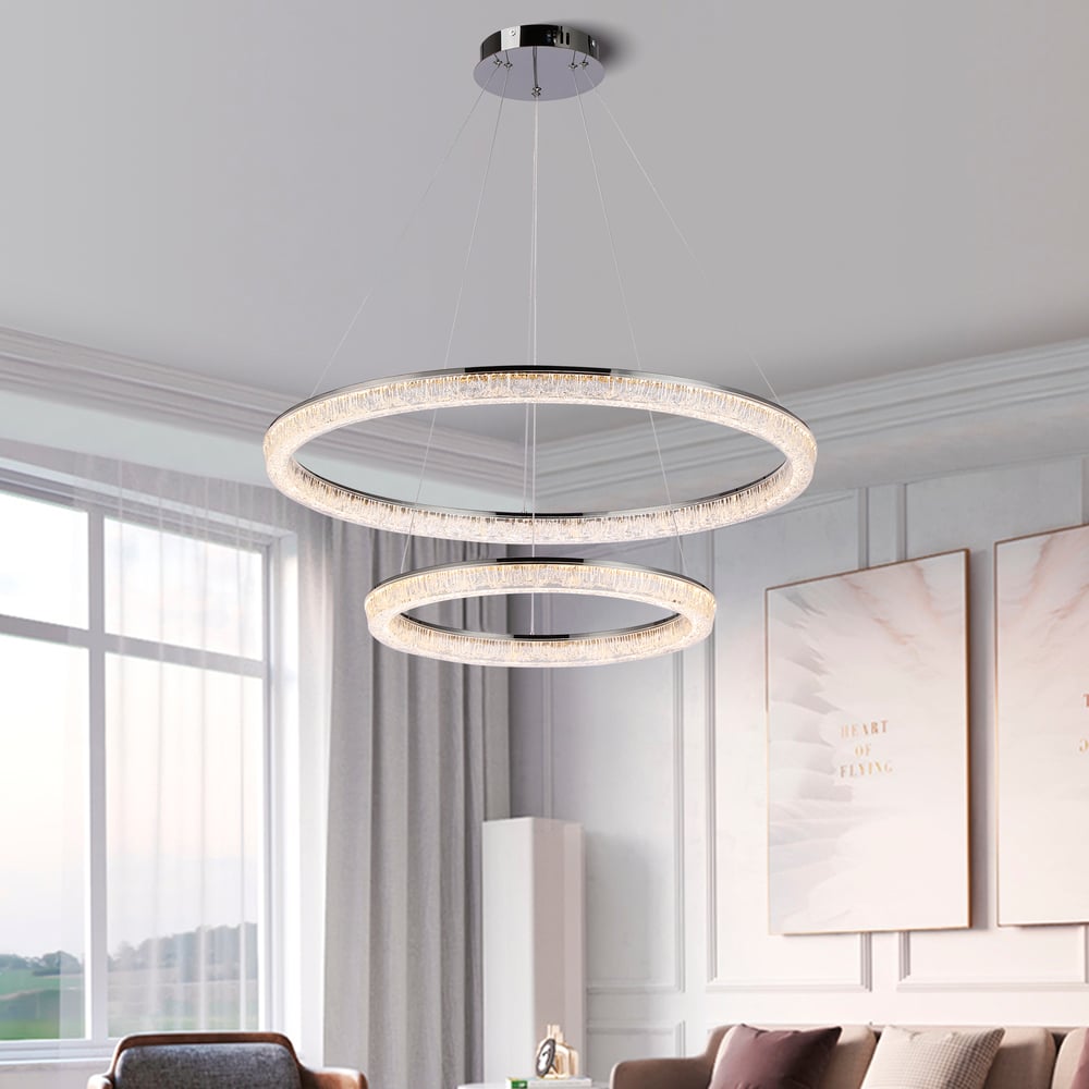Modern Double Ring LED Chandelier – 31.5", Adjustable Suspension, 3-Color Dimmable window image