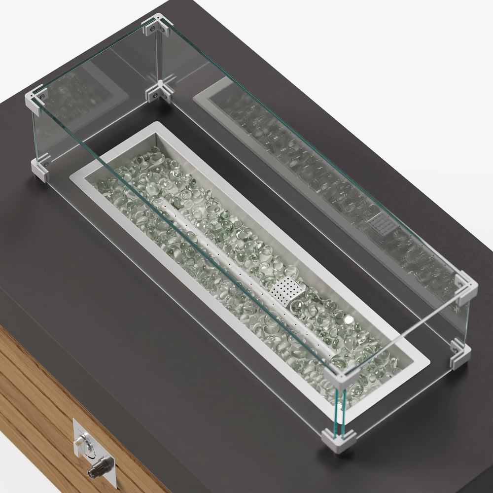 4 seater with fireplace garden furniture set made of aluminum and teak wood in light gray window image