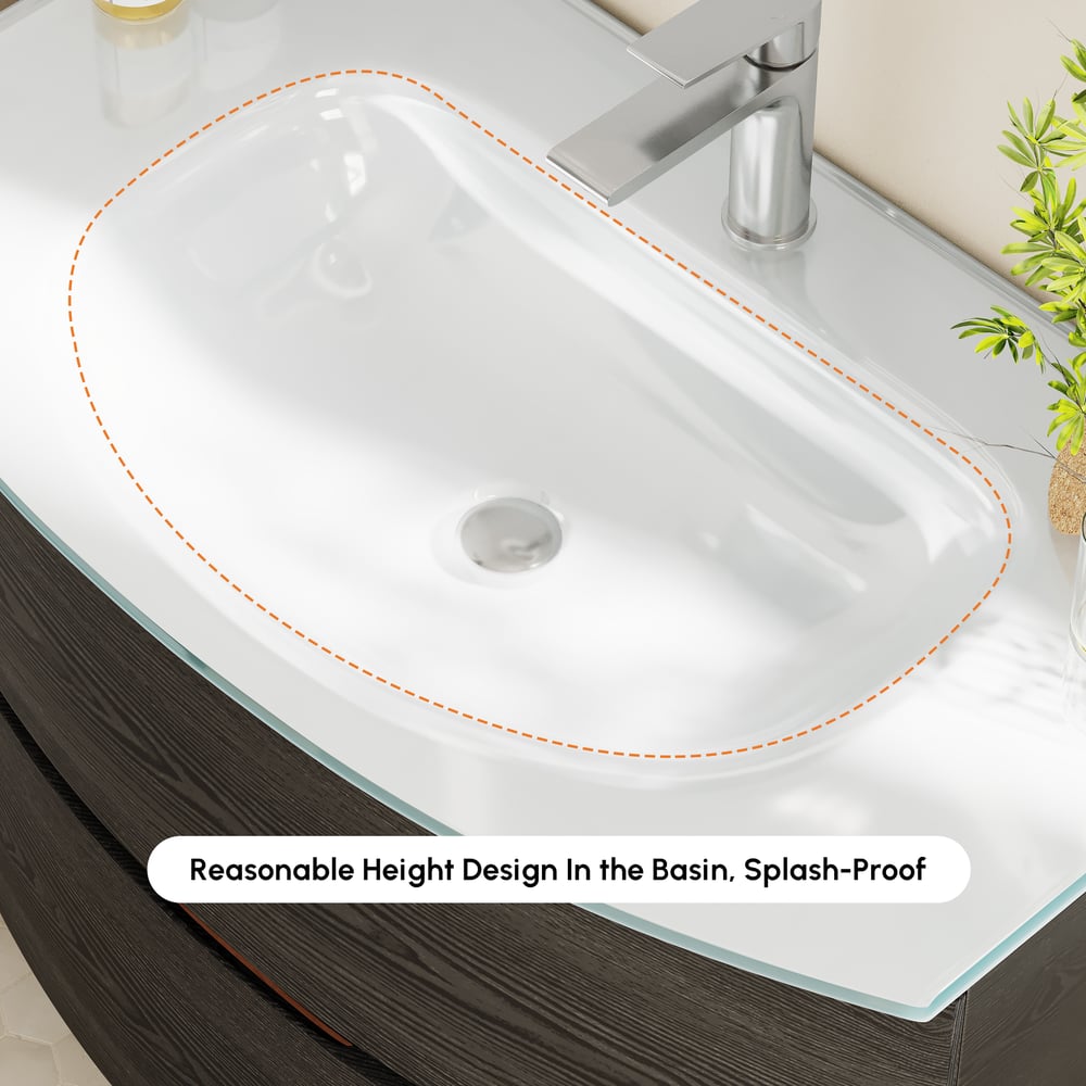Modern 31.5" Floating Bathroom Vanity with One-piece Glass Basin 2 Drawers in Black window image