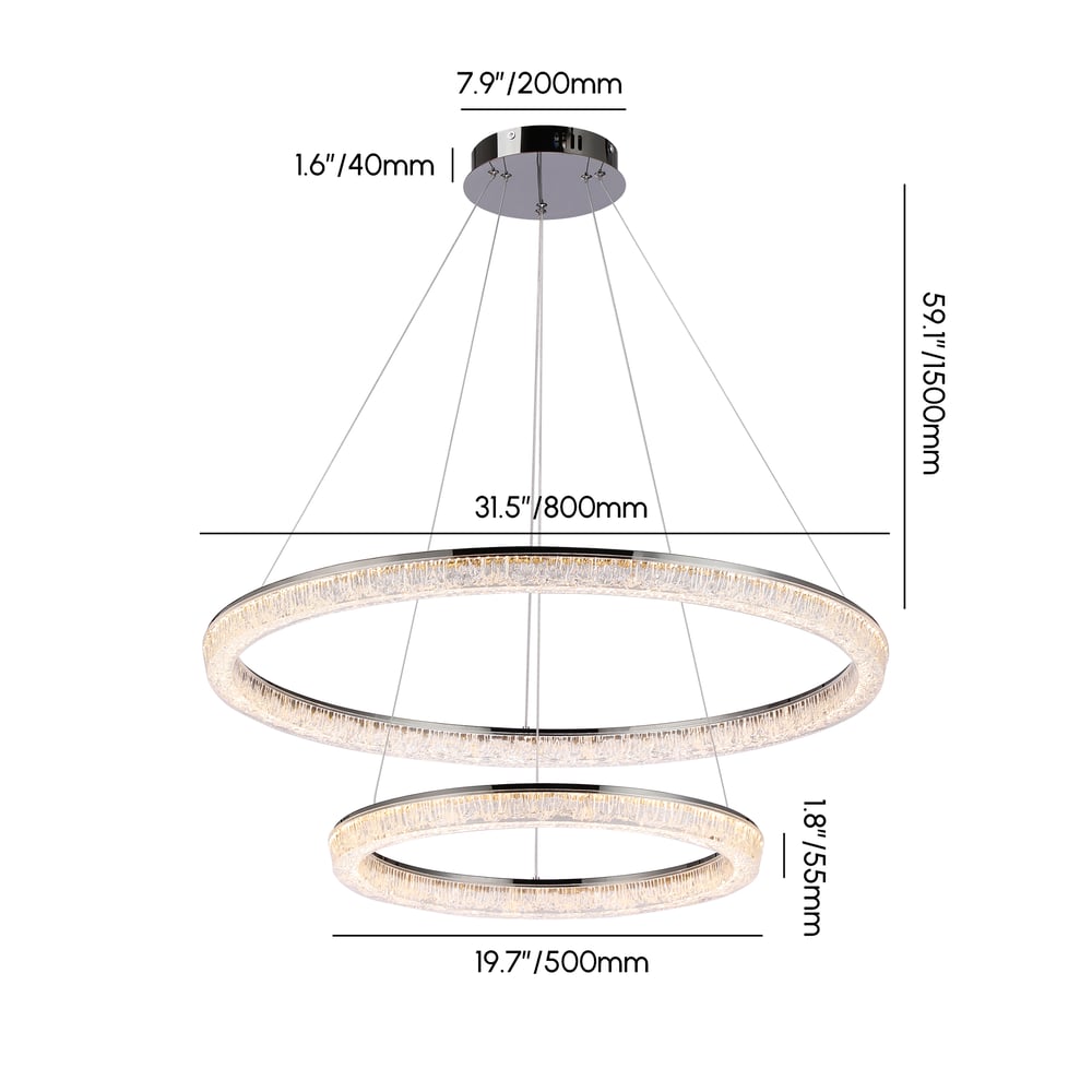 Modern Double Ring LED Chandelier – 31.5", Adjustable Suspension, 3-Color Dimmable weights dimensions image