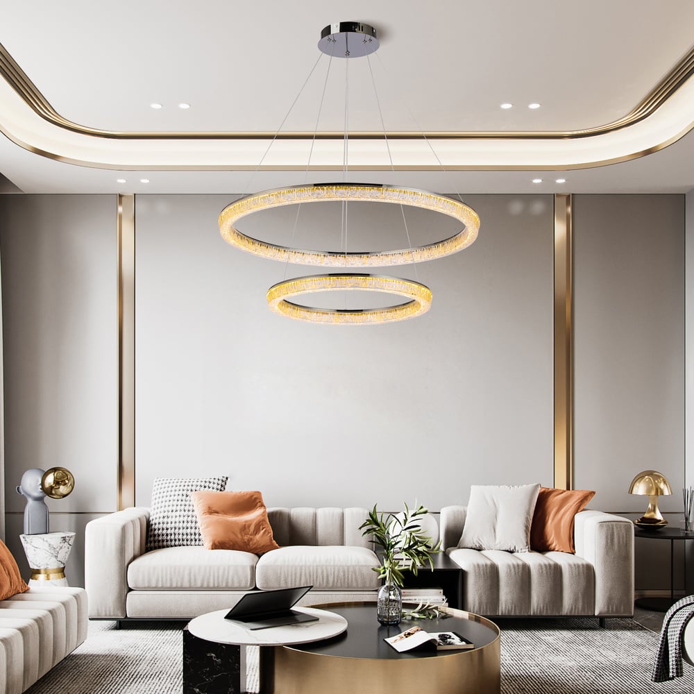 Modern Double Ring LED Chandelier – 31.5", Adjustable Suspension, 3-Color Dimmable window image