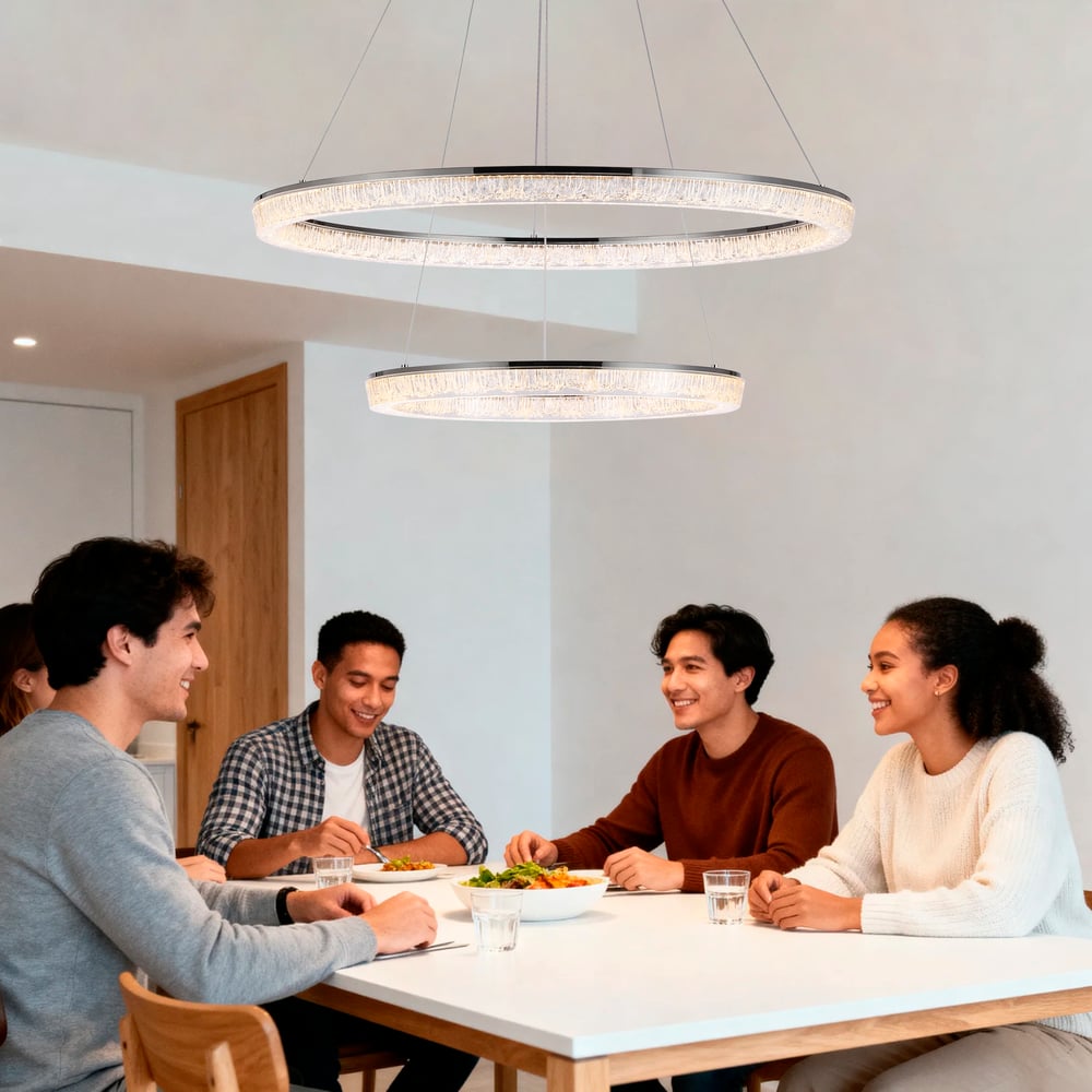 Modern Double Ring LED Chandelier – 31.5", Adjustable Suspension, 3-Color Dimmable window image