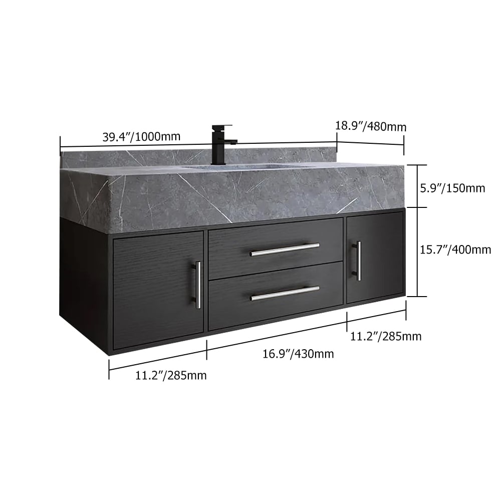 39.4" Black Floating Bathroom Vanity Set with LED Medicine Cabinet weights dimensions image