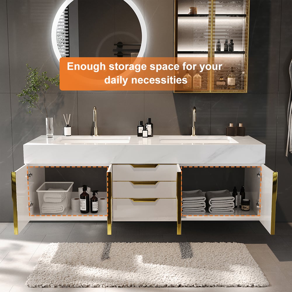 59" Double Sink Floating Vanity Set with LED Medicine Cabinet with Storage window image