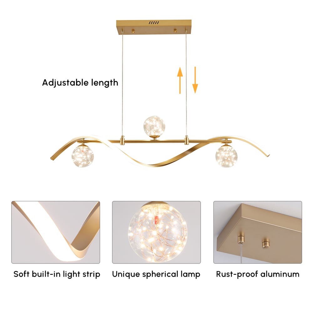 Lineaire keukeneilandverlichting met 4 lampen in goud met glazen bolkap, dimbaar Vensterafbeelding