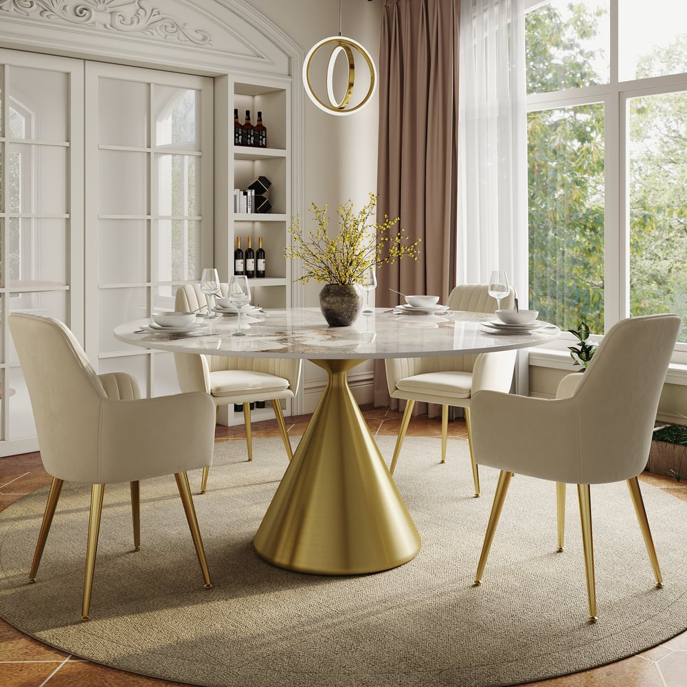 53" Sintered Stone Round Dining Table with Brushed Gold Base Seats 4-6 People window image