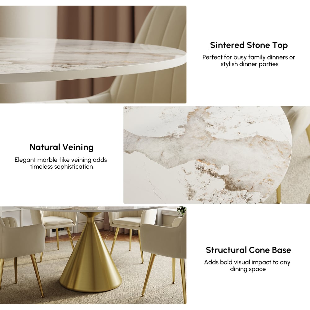 1000mm Sintered Stone Round Dining Table Set with Brushed Gold Base Seats 2 People window image