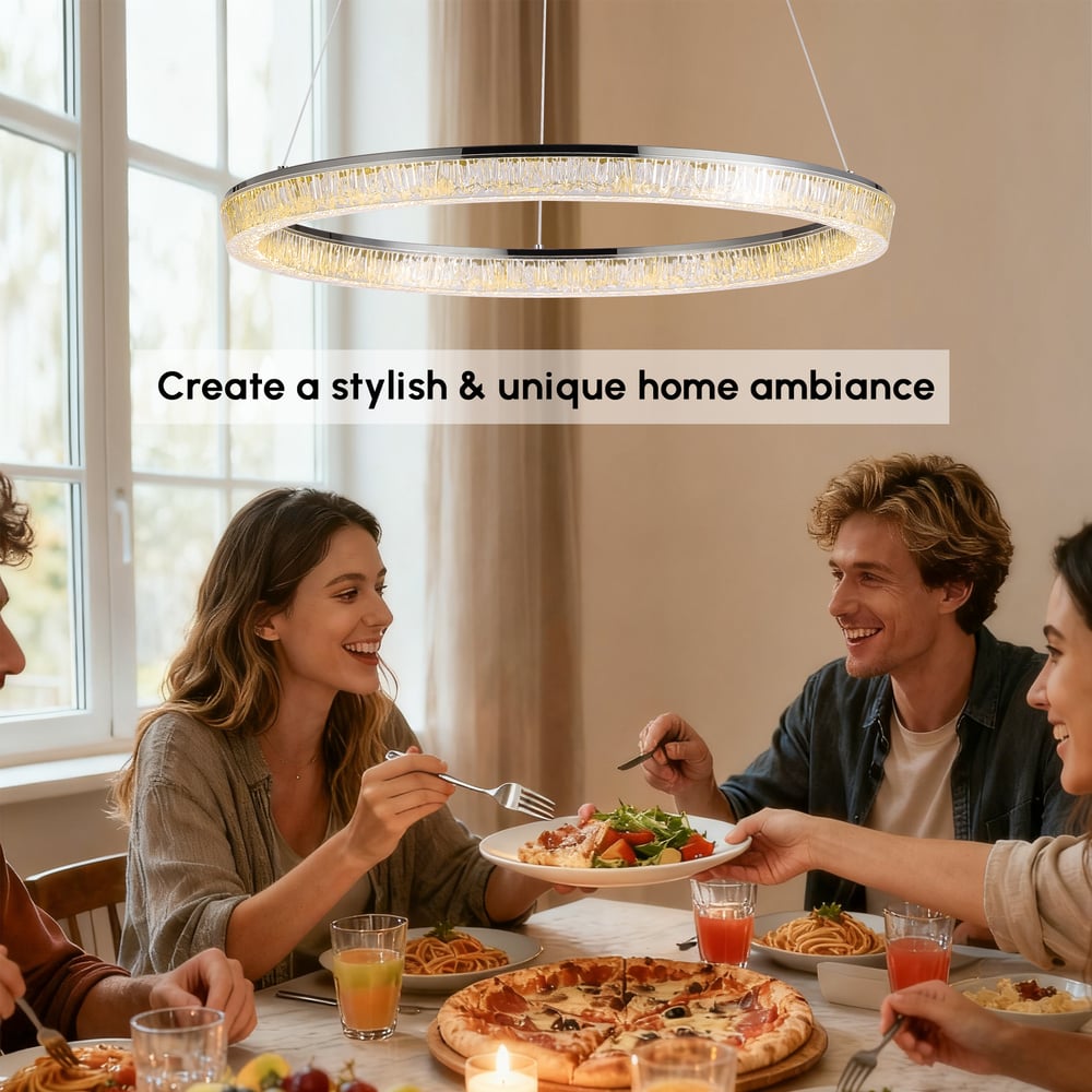 23.6" Modern  LED Ring Chandelier with Dimmable Lighting & Remote Control window image