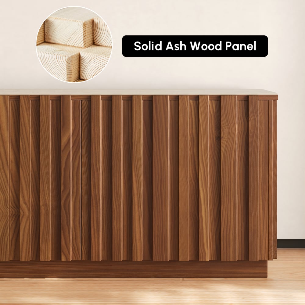 Aura 2130mm Ash Wood Slatted Walnut TV Stand with Sintered Stone Top window image