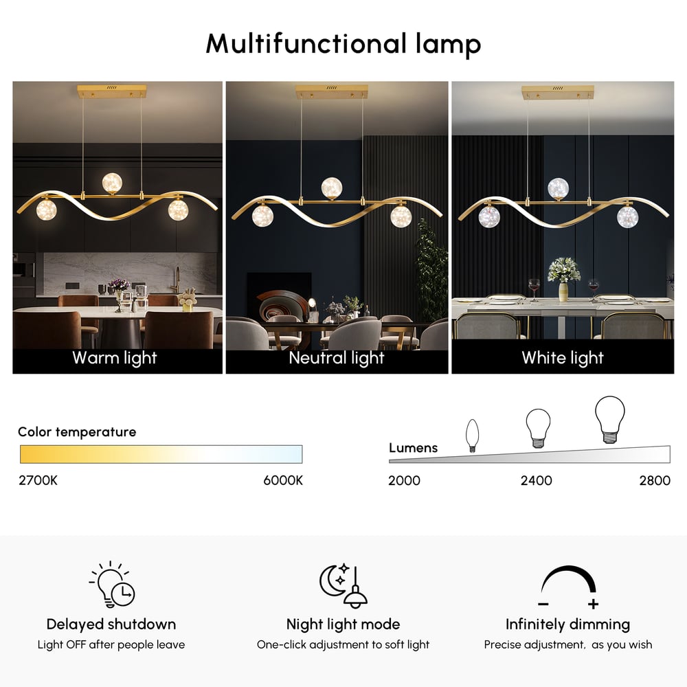 Lineaire keukeneilandverlichting met 4 lampen in goud met glazen bolkap, dimbaar Vensterafbeelding