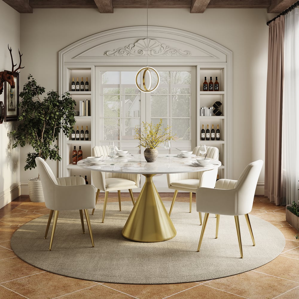 53" Sintered Stone Round Dining Table with Brushed Gold Base Seats 4-6 People window image