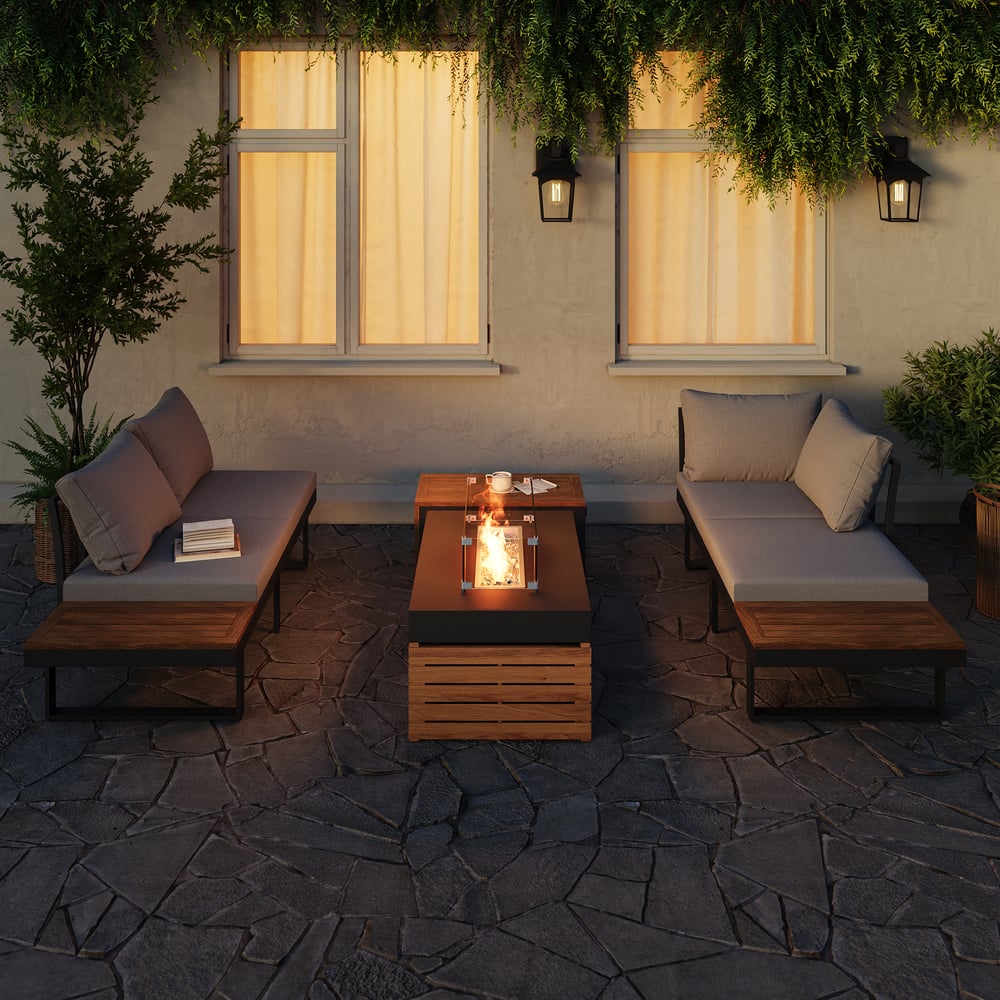 Čtyřmístný šedý zimní obývací nábytek s rohovou pohovkou a krbem obrázek okna