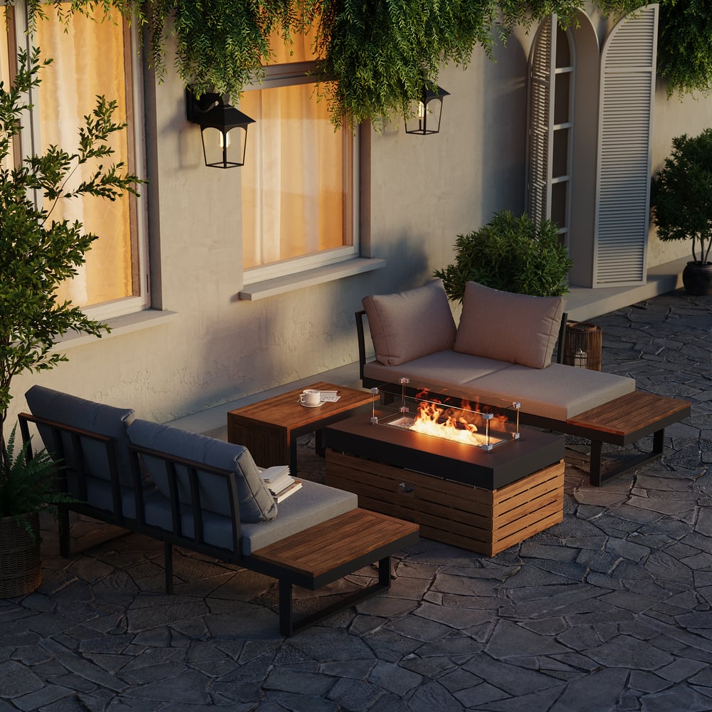 Čtyřmístný šedý zimní obývací nábytek s rohovou pohovkou a krbem obrázek okna