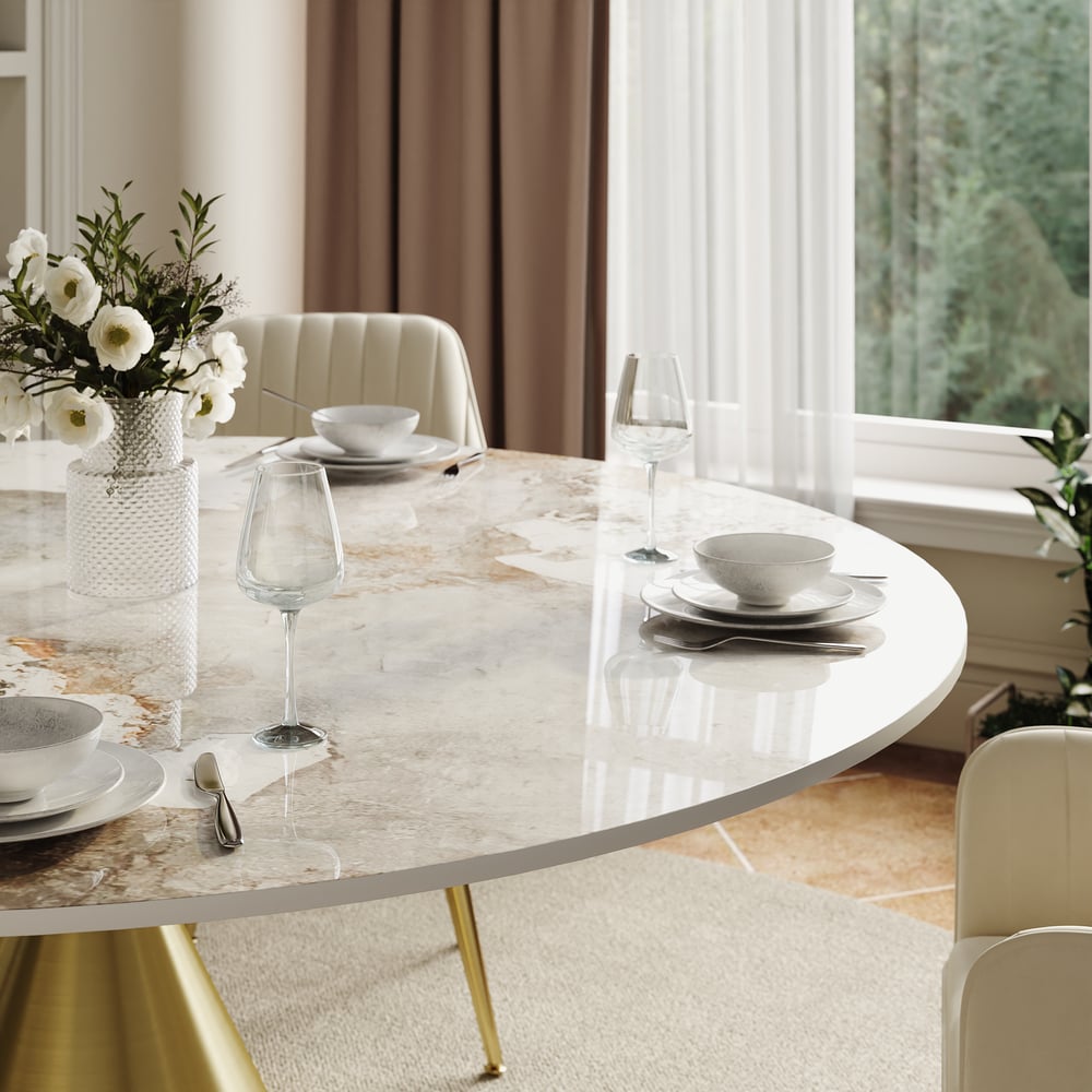 53" Sintered Stone Round Dining Table with Brushed Gold Base Seats 4-6 People window image