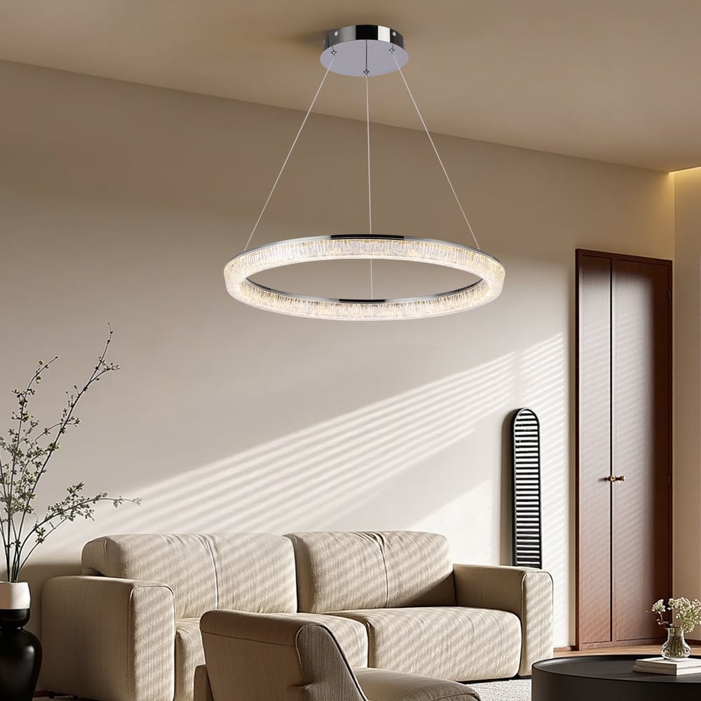 23.6" Modern  LED Ring Chandelier with Dimmable Lighting & Remote Control window image