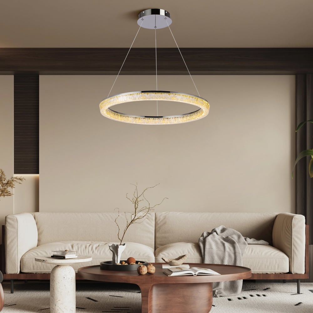 23.6" Modern  LED Ring Chandelier with Dimmable Lighting & Remote Control window image