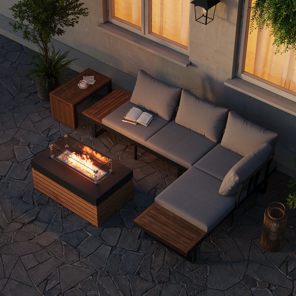 Čtyřmístný šedý zimní obývací nábytek s rohovou pohovkou a krbem obrázek okna