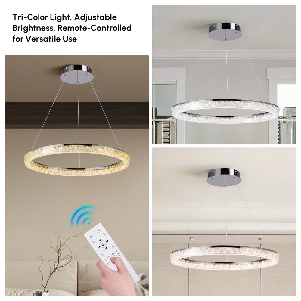 23.6" Modern  LED Ring Chandelier with Dimmable Lighting & Remote Control window image