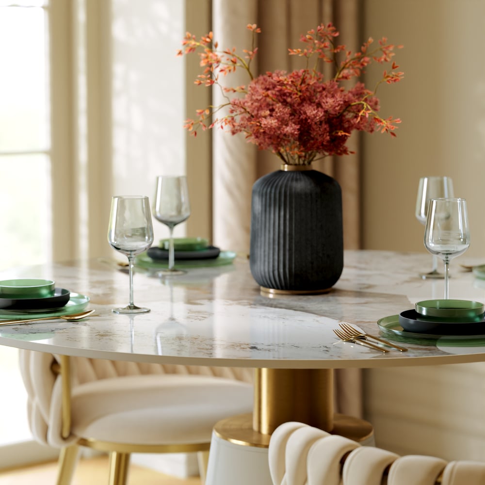 39" Sintered Stone Round Dining Table with Saddle Leather Base Seats 2-4 People window image