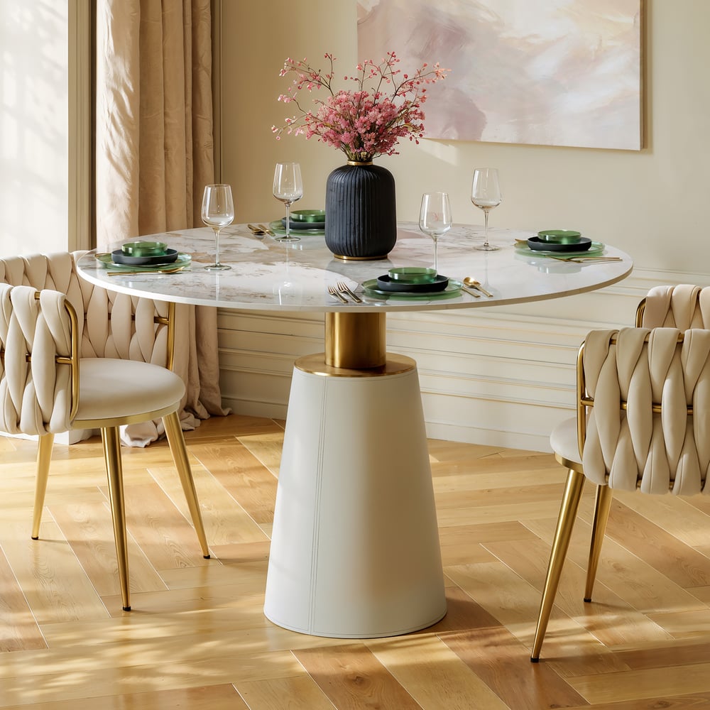 39" Sintered Stone Round Dining Table with Saddle Leather Base Seats 2-4 People window image