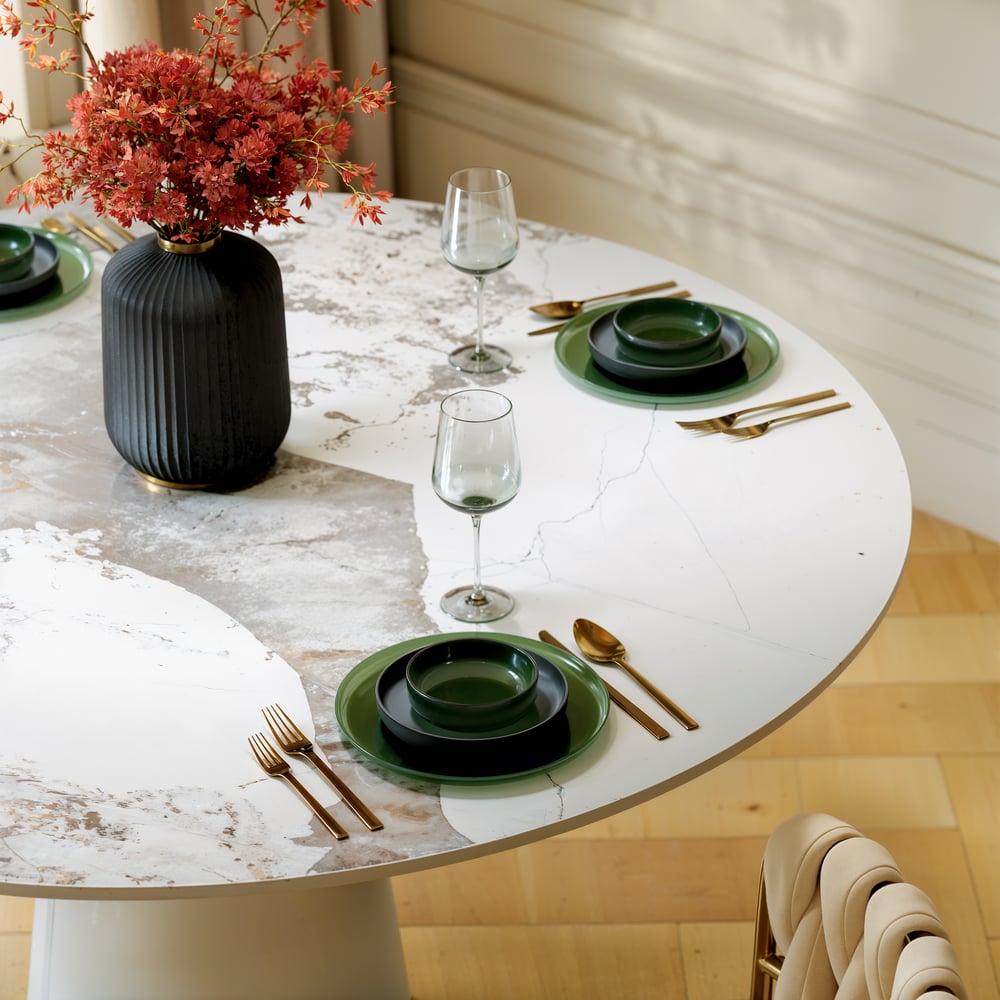 39" Sintered Stone Round Dining Table with Saddle Leather Base Seats 2-4 People window image