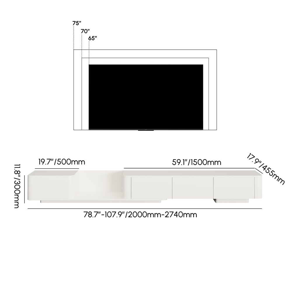 Extendable Off White Modern TV Stand with 4 Drawers(78"-108") weights dimensions image