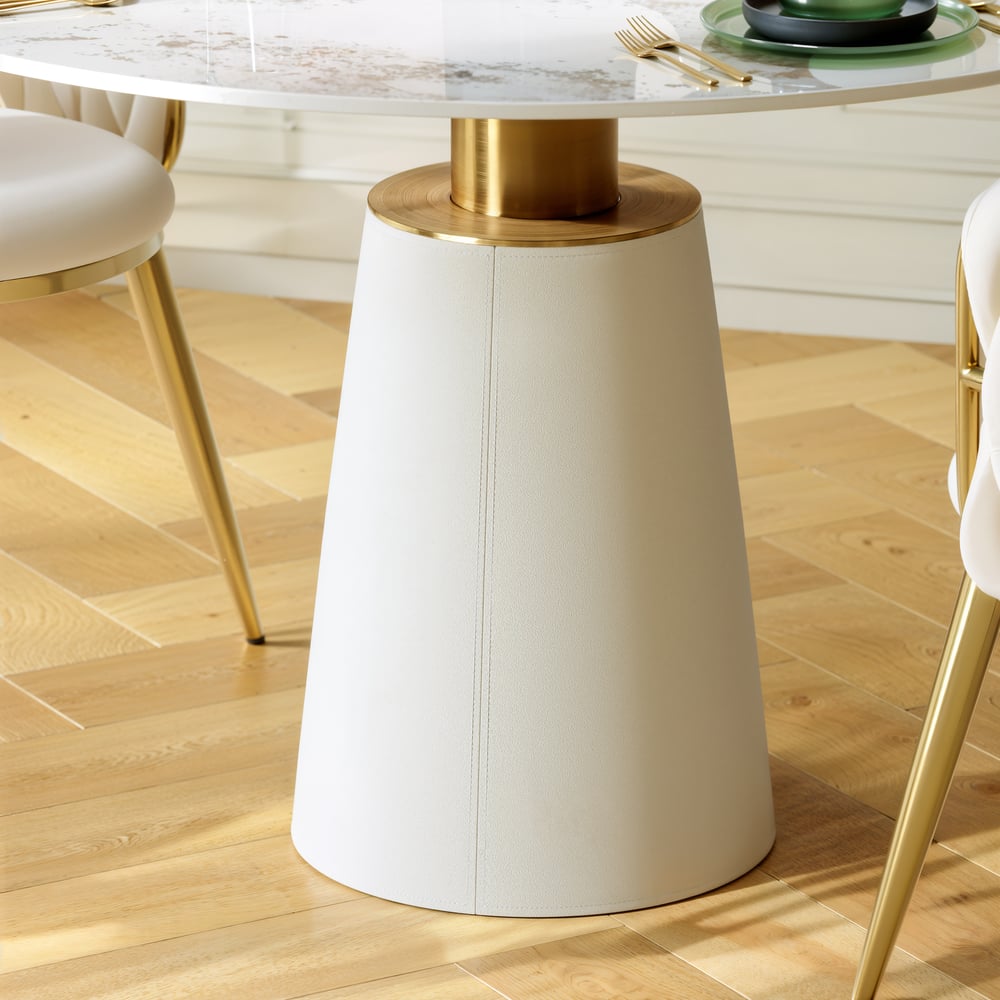39" Sintered Stone Round Dining Table with Saddle Leather Base Seats 2-4 People window image
