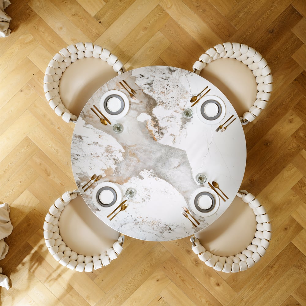 39" Sintered Stone Round Dining Table with Saddle Leather Base Seats 2-4 People window image