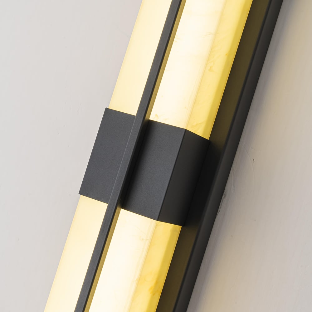 31" Outdoor Wall Light with Matte Black Iron Frame & Beige Marble-Effect Acrylic Shade window image