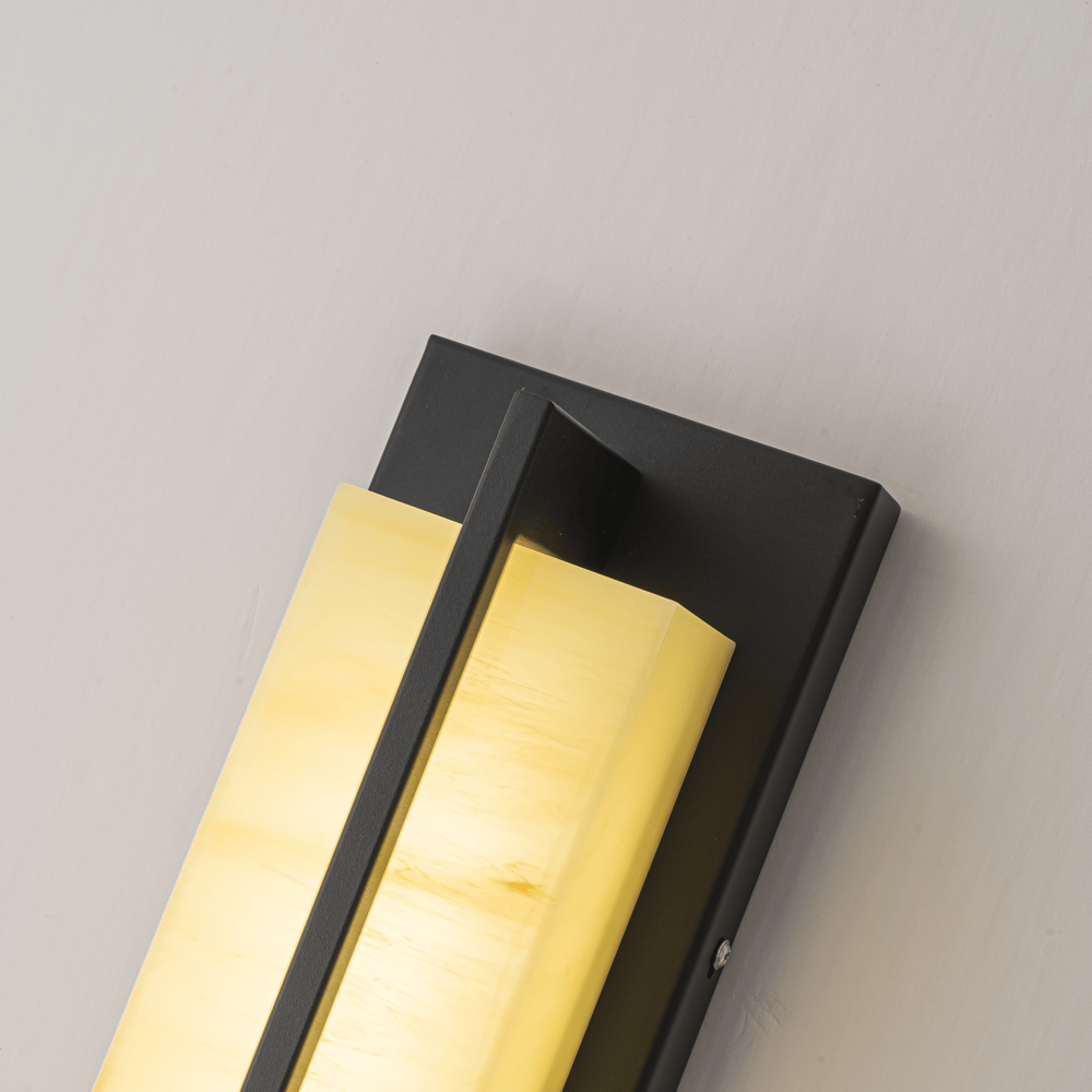 31" Outdoor Wall Light with Matte Black Iron Frame & Beige Marble-Effect Acrylic Shade window image