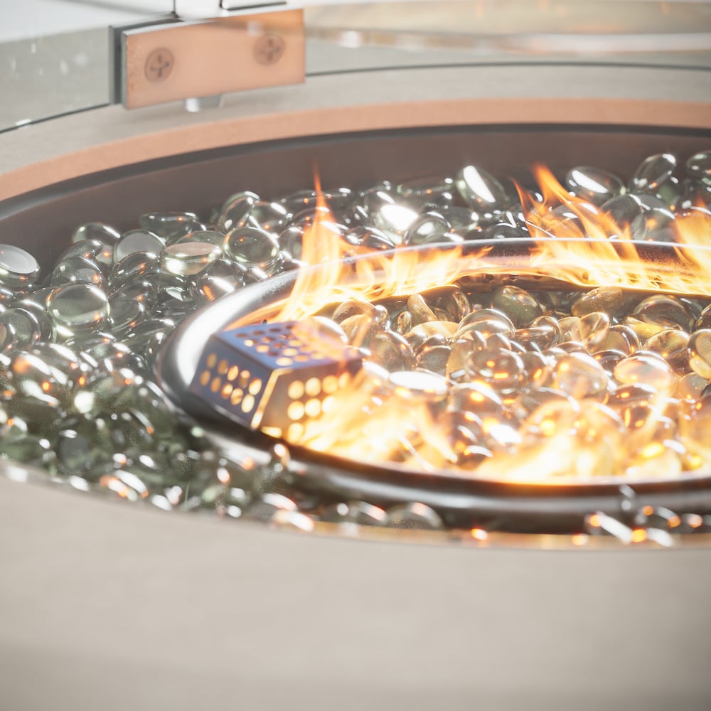 Szary palenisko wykonane z ognioodpornego betonu ze szkłem przedniej szyby obraz okna