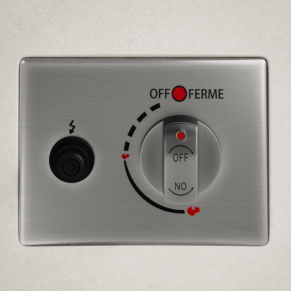 Szary palenisko wykonane z ognioodpornego betonu ze szkłem przedniej szyby obraz okna