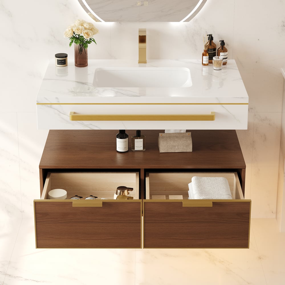 36" Modern Wall-Mounted Bathroom Vanity with LED Light, Walnut Cabinet & Ceramic Sink window image