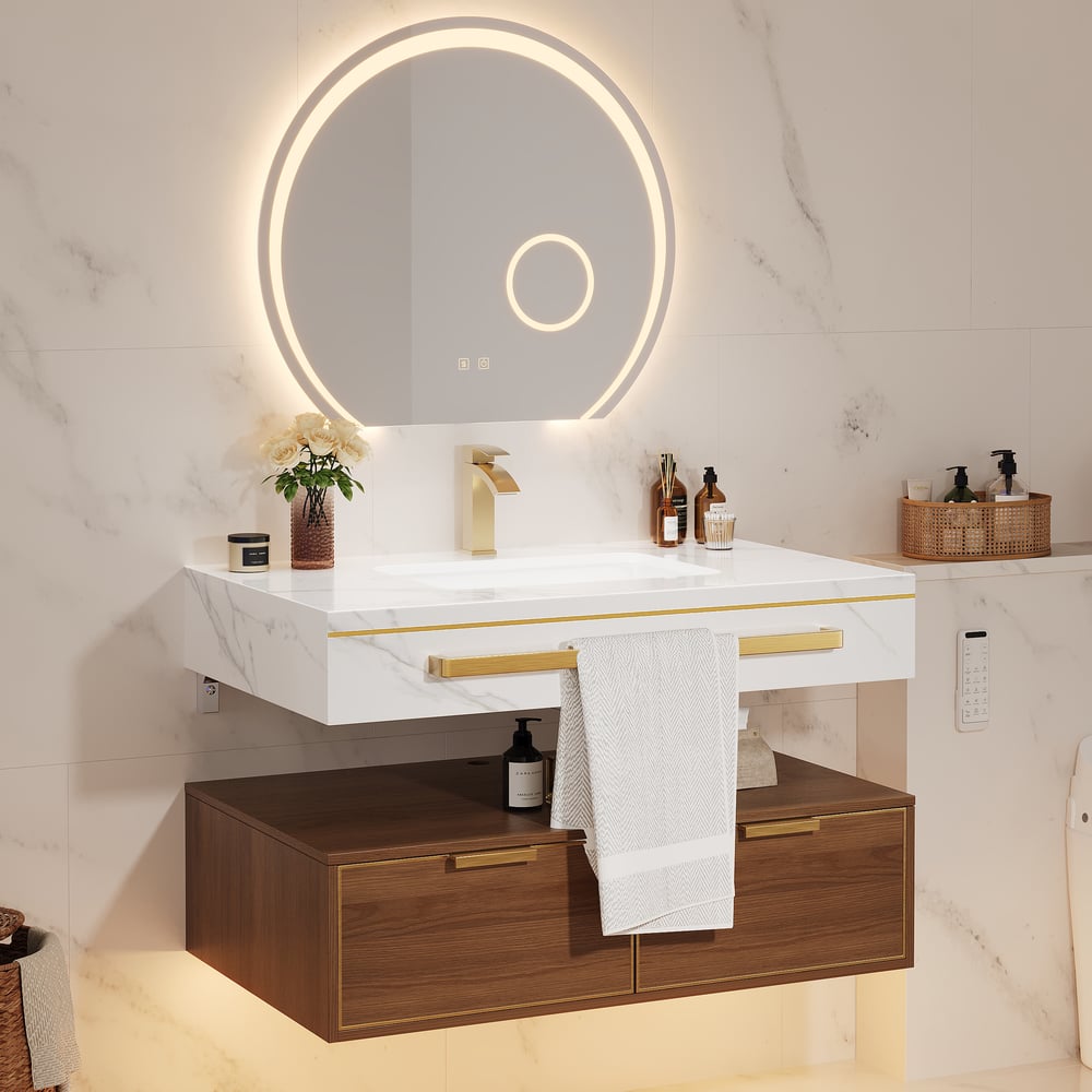 36" Modern Wall-Mounted Bathroom Vanity with LED Light, Walnut Cabinet & Ceramic Sink window image