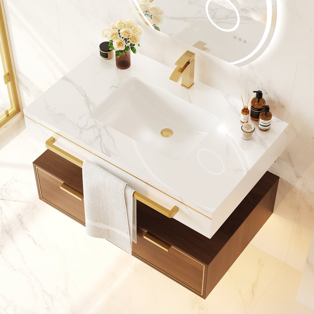 36" Modern Wall-Mounted Bathroom Vanity with LED Light, Walnut Cabinet & Ceramic Sink window image
