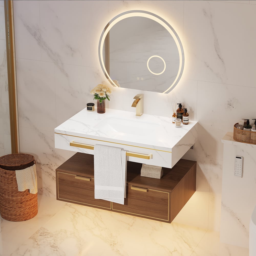 36" Modern Wall-Mounted Bathroom Vanity with LED Light, Walnut Cabinet & Ceramic Sink window image