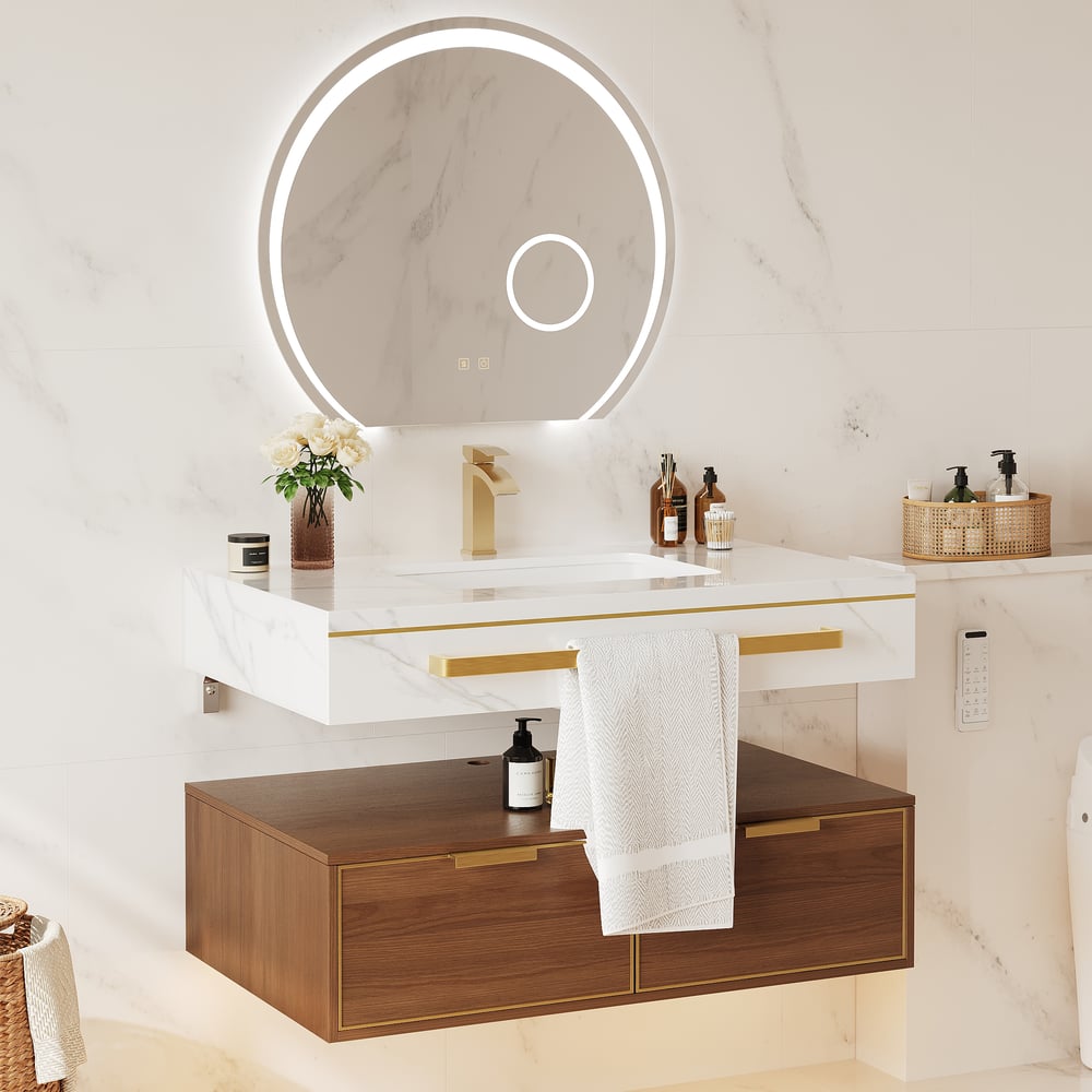 36" Modern Wall-Mounted Bathroom Vanity with LED Light, Walnut Cabinet & Ceramic Sink window image