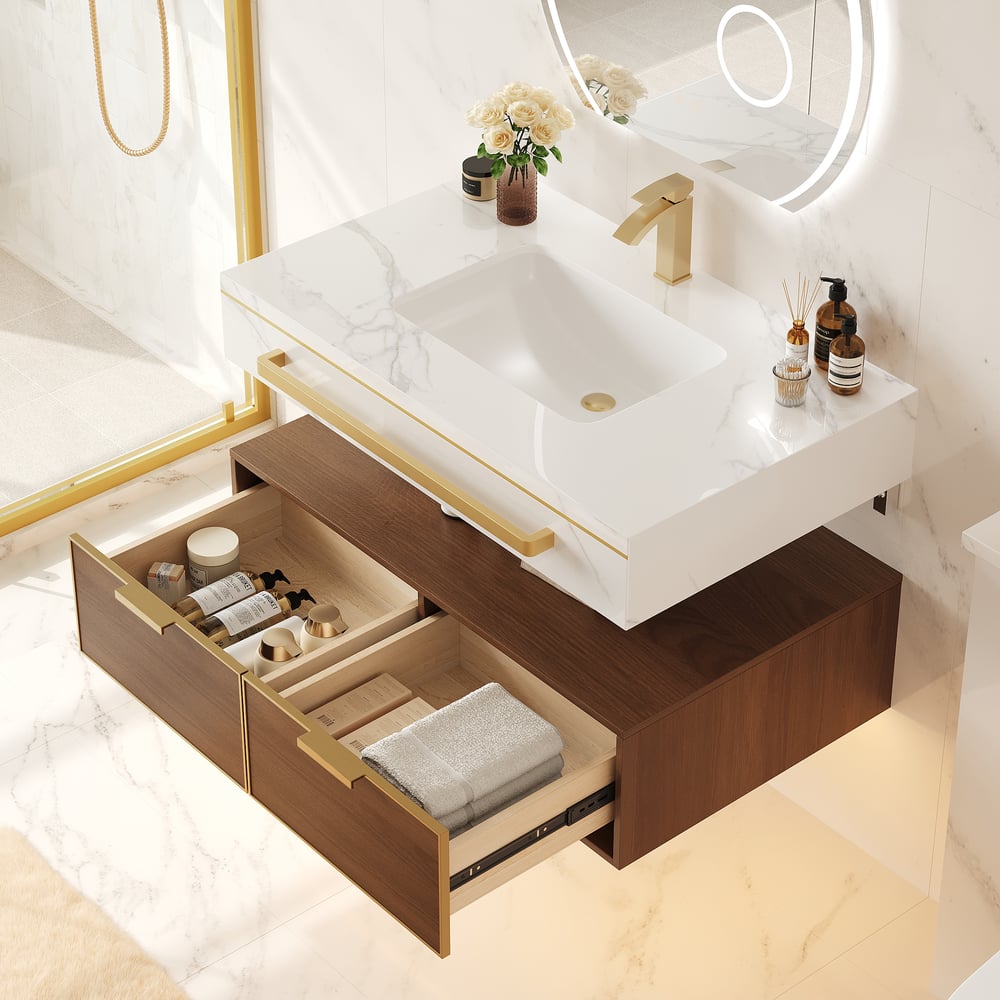 36" Modern Wall-Mounted Bathroom Vanity with LED Light, Walnut Cabinet & Ceramic Sink window image