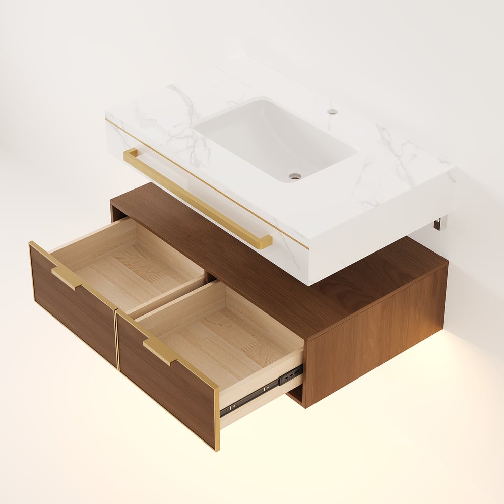 36" Modern Wall-Mounted Bathroom Vanity with LED Light, Walnut Cabinet & Ceramic Sink window image