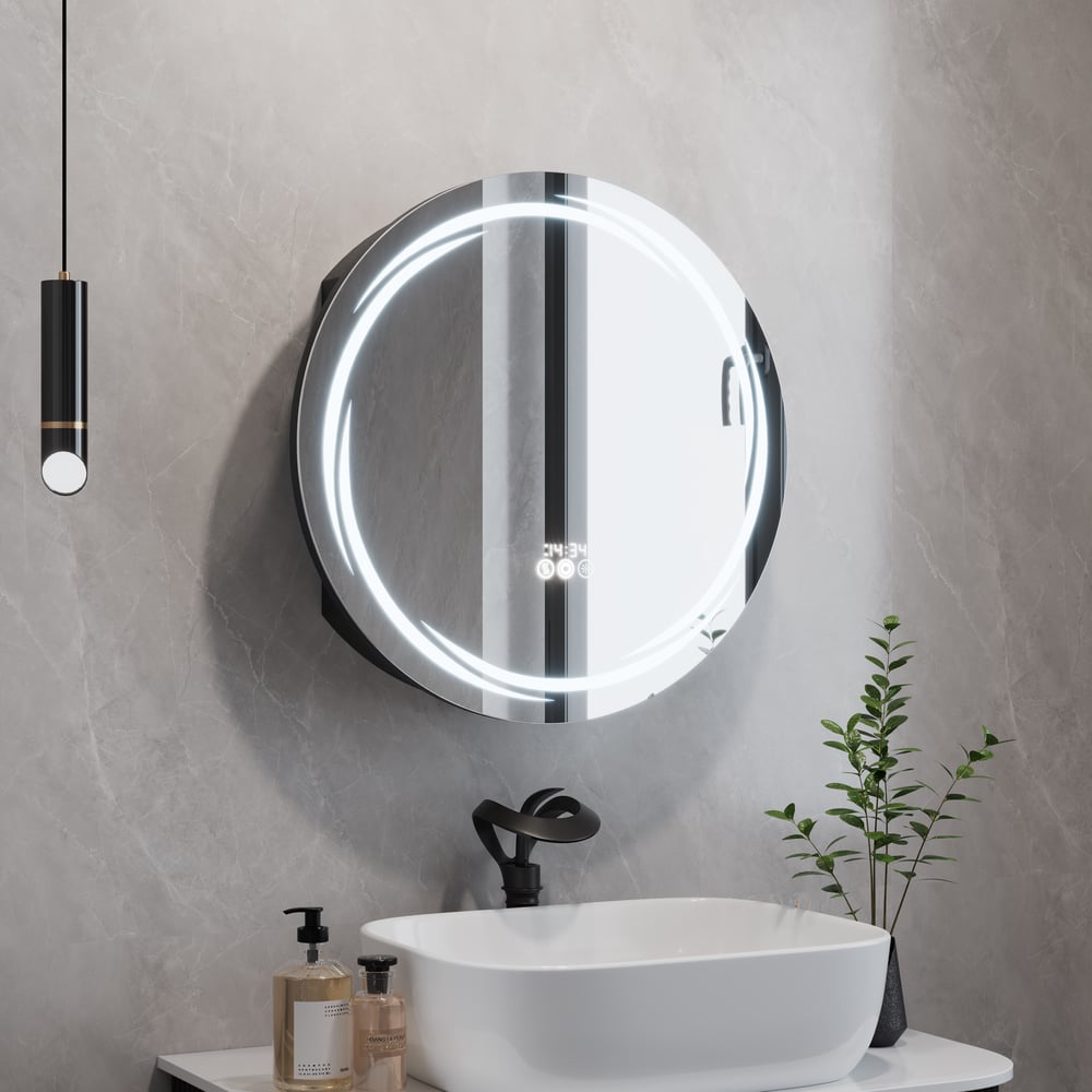 23.6" Round LED Medicine Cabinet with Storage, Anti-Fog, Dimmable — Black window image