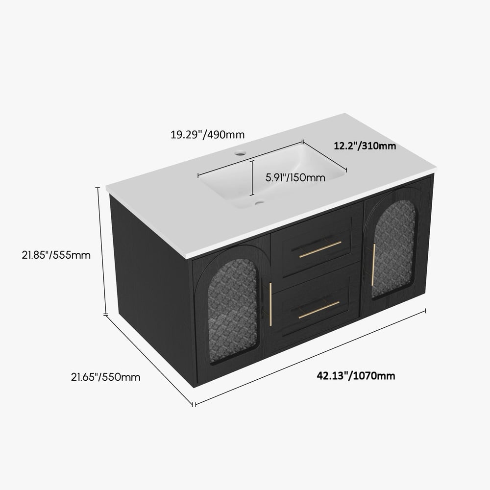 1070mm Arune Black Bathroom Vanity with Arched Glass Doors, Drawers and Light weights dimensions image