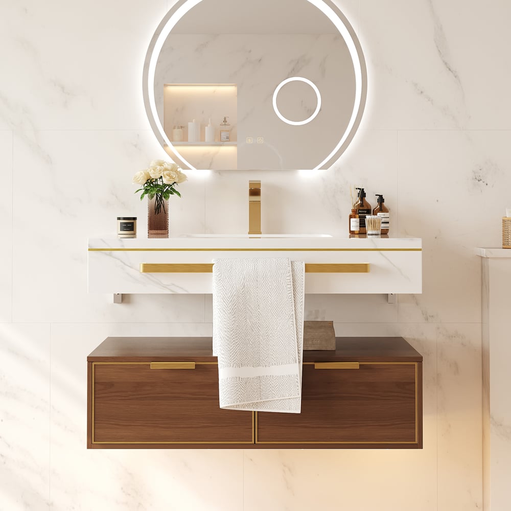 36" Modern Wall-Mounted Bathroom Vanity with LED Light, Walnut Cabinet & Ceramic Sink window image