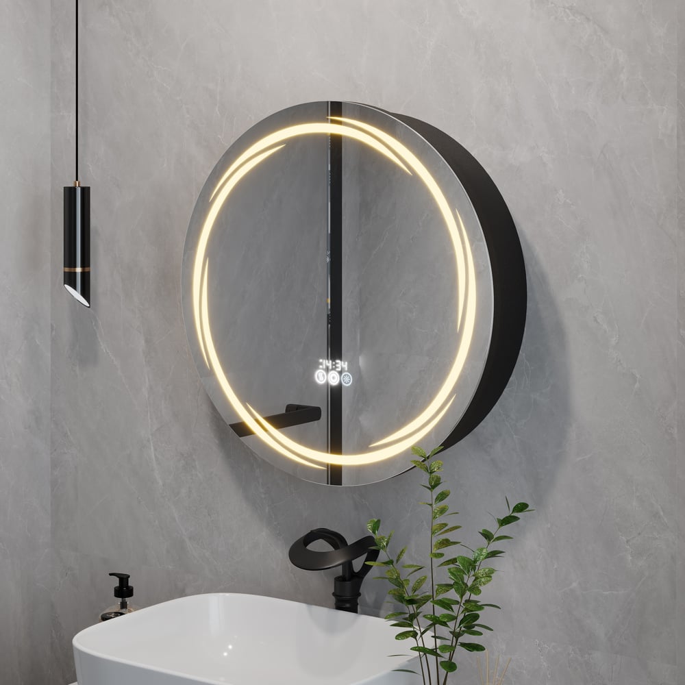 23.6" Round LED Medicine Cabinet with Storage, Anti-Fog, Dimmable — Black window image