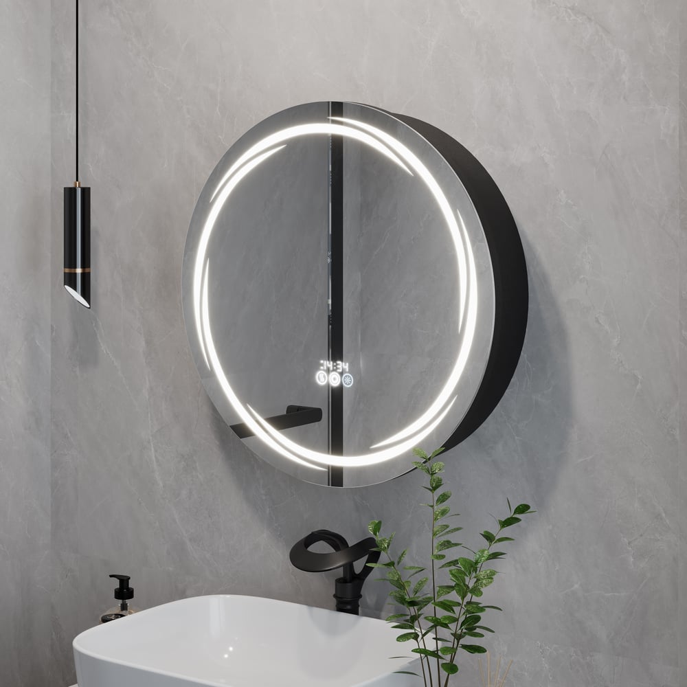 23.6" Round LED Medicine Cabinet with Storage, Anti-Fog, Dimmable — Black window image