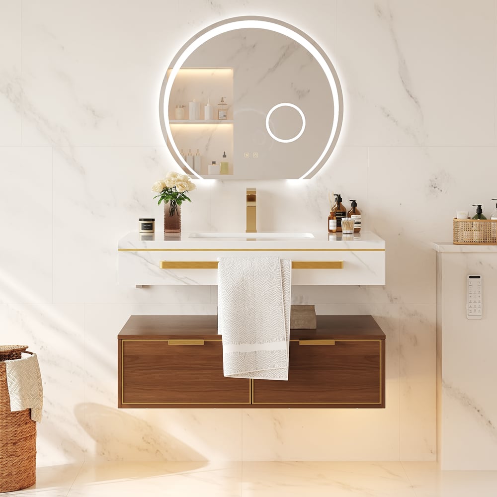 36" Modern Wall-Mounted Bathroom Vanity with LED Light, Walnut Cabinet & Ceramic Sink window image