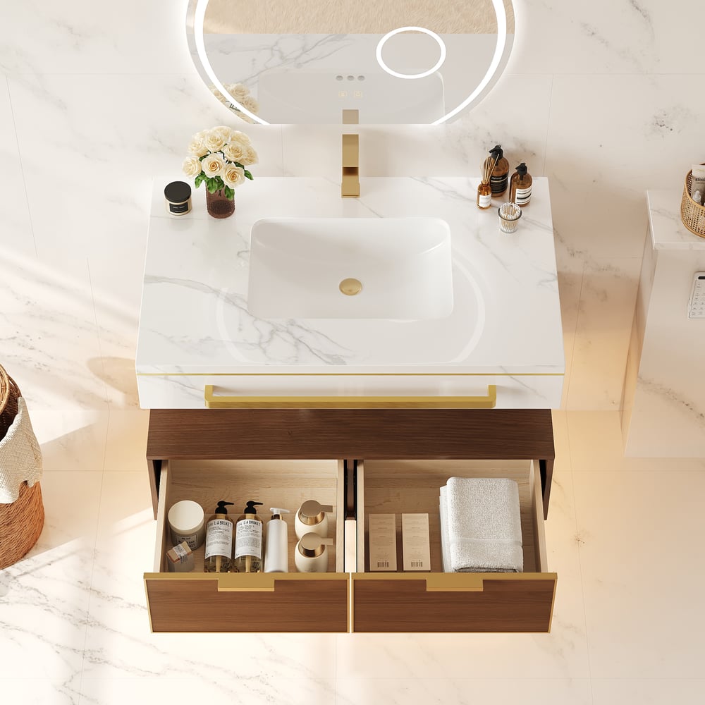 36" Modern Wall-Mounted Bathroom Vanity with LED Light, Walnut Cabinet & Ceramic Sink window image