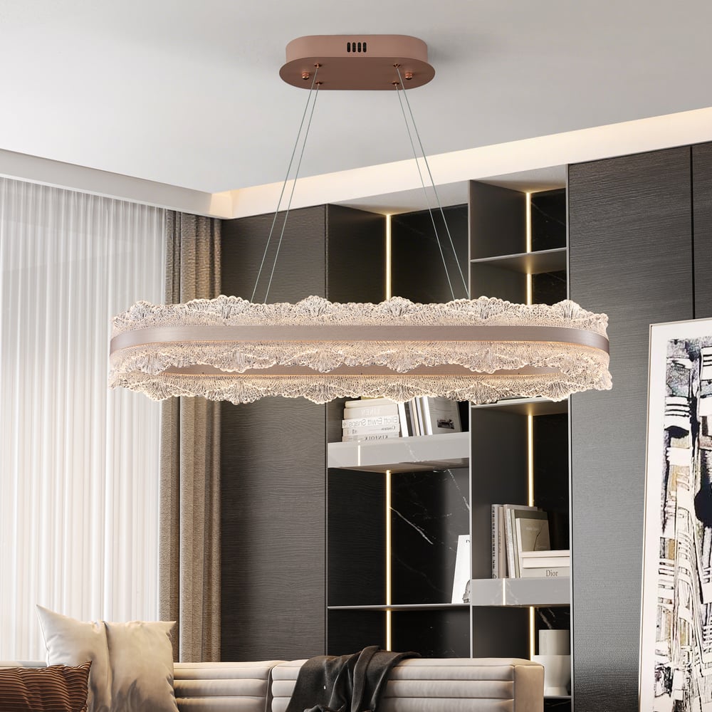 Modern Acrylic Crystal Chandelier with 3 Color Modes and Adjustable Height in Gold window image